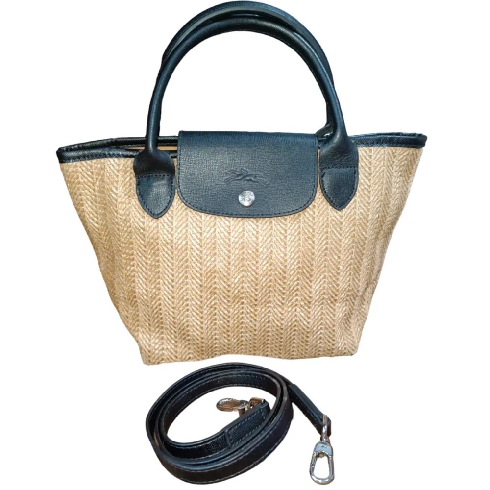 Longchamp Beige Straw Tote with Black Leather Trim